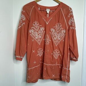 Chico’s Boho Style Cotton Blouse Top Tunic Chico’s Sz 2 (Size Large) Embroidered